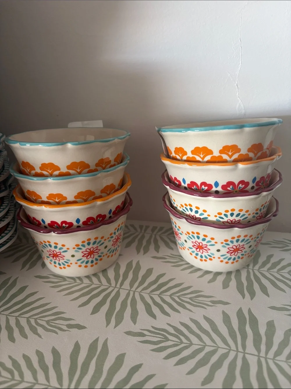 Colorful Floral Ceramic Bowls - Turquoise, Orange & Pink Set